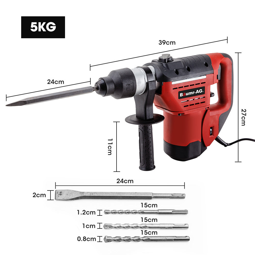 Baumr-AG 1500W Pro-Grade Electric Rotary Jackhammer Hammer Drill, with 2 Bonus Chisels, 3 Drill Bits - SILBERSHELL