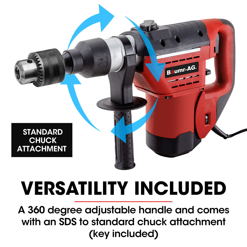 Baumr-AG 1500W Pro-Grade Electric Rotary Jackhammer Hammer Drill, with 2 Bonus Chisels, 3 Drill Bits - SILBERSHELL