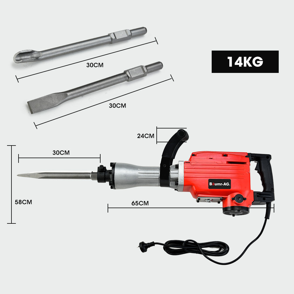 Baumr-AG 2200W Pro-Grade Electric Demolition Jackhammer, with 3 Bonus Chisels, Carry Case - SILBERSHELL