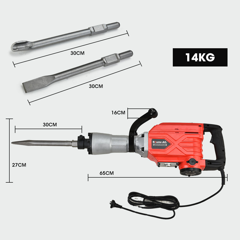 Baumr-AG 2300W Pro-Grade Electric Demolition Jackhammer, with 3 Bonus Chisels, Carry Case - SILBERSHELL