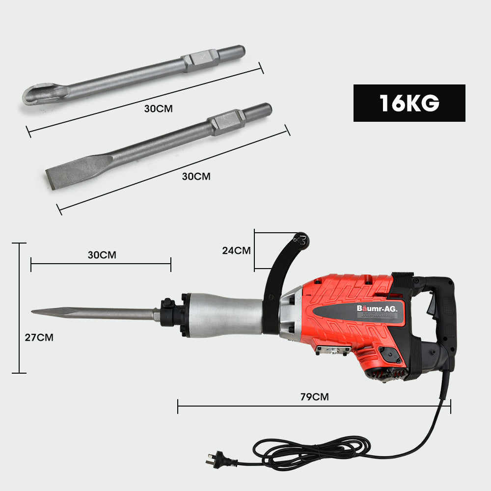 Baumr-AG 2400W Pro-Grade Electric Demolition Jackhammer, with 3 Bonus Chisels, Carry Case - SILBERSHELL