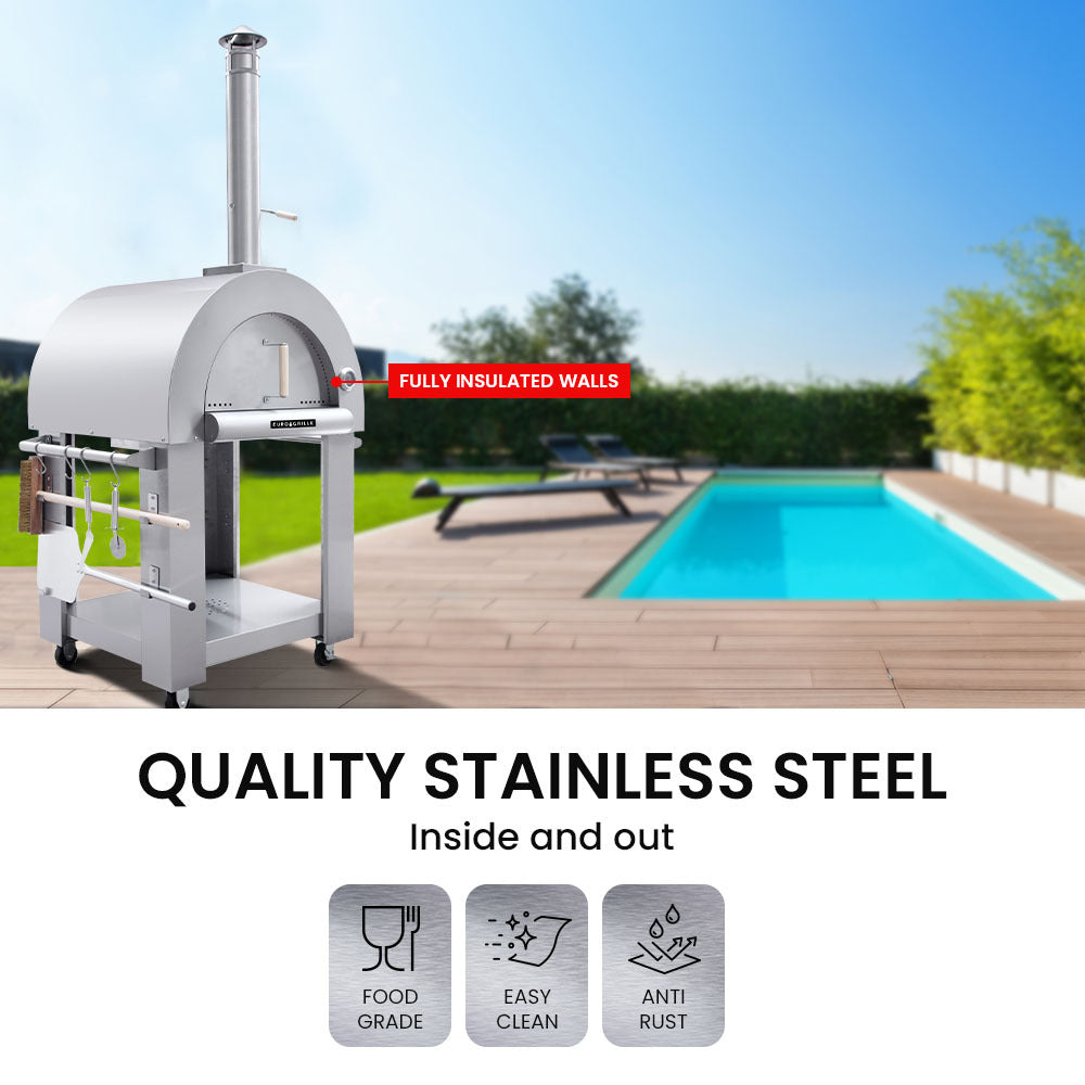 EuroGrille Outdoor Pizza Oven Stainless Steel Portable Pizza Maker Cooker Wood Charcoal Fired - SILBERSHELL