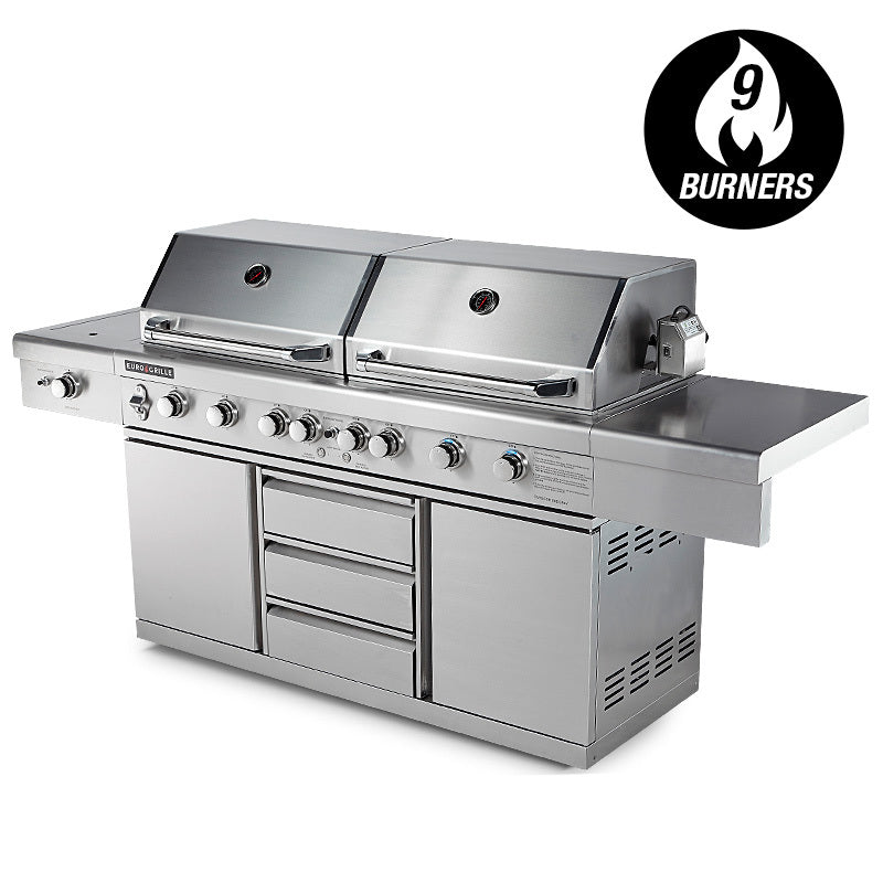 EuroGrille 9 Burner Outdoor BBQ Grill Barbeque Gas Stainless Steel Kitchen Commercial - SILBERSHELL