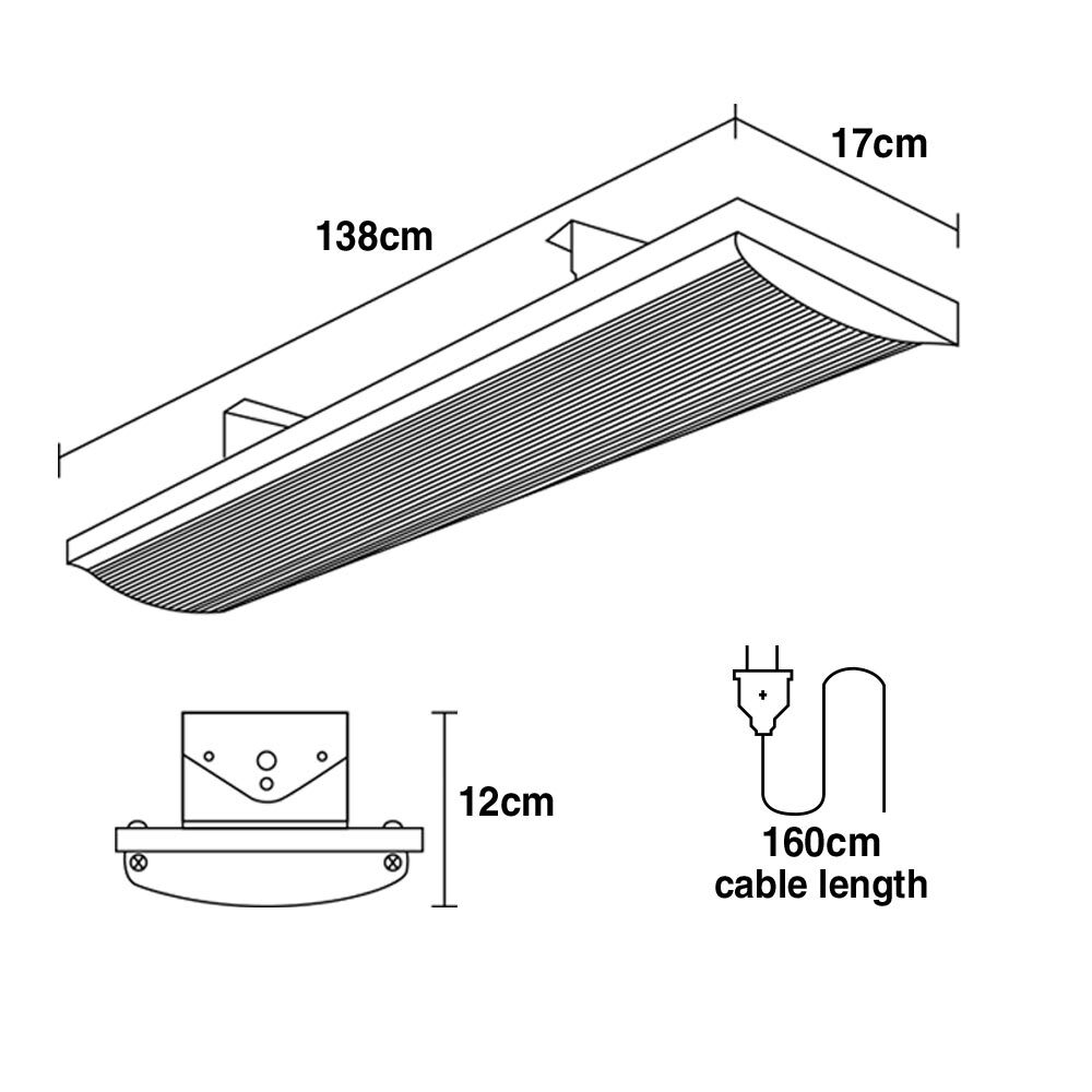 BIO 2400W Outdoor Strip Heater, Electric Slimline Radiant Heat Bar Panel, 15A Plug