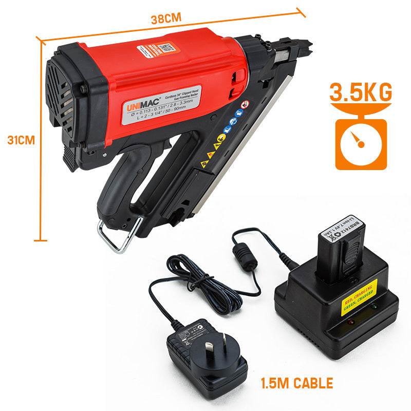 UNIMAC Cordless Framing Nailer 34 Degree Gas Nail Gun Portable Battery Charger - SILBERSHELL