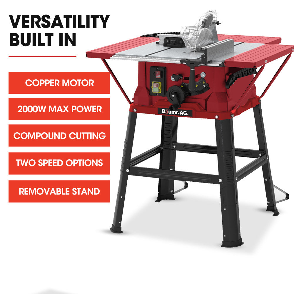 Baumr-AG Table Saw with Stand, Electric Corded Bench Saws 2000W 254mm, Laser Guide - SILBERSHELL