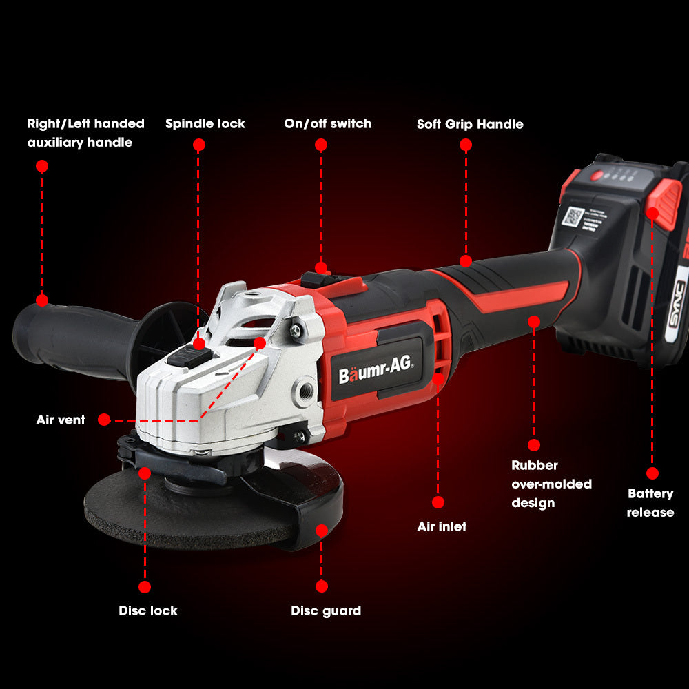 Baumr-AG 20V Cordless Angle Grinder 125mm 2Ah Lithium Battery Power Charger - SILBERSHELL