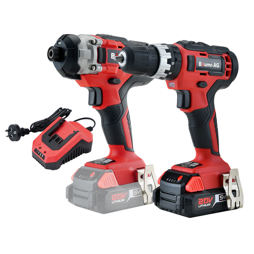 BAUMR-AG 20V Cordless Drill and Impact Driver Combo Kit w/ SYNC Battery & Charger - SILBERSHELL