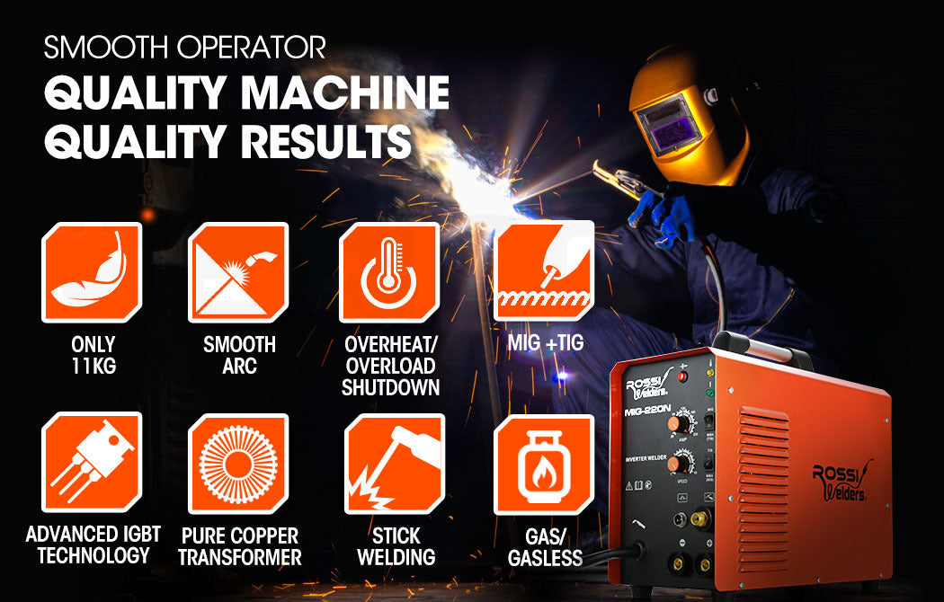 ROSSI 220A MIG Welder Inverter TIG Gasless Portable Welding Machine MMA ARC 15A Plug - SILBERSHELL