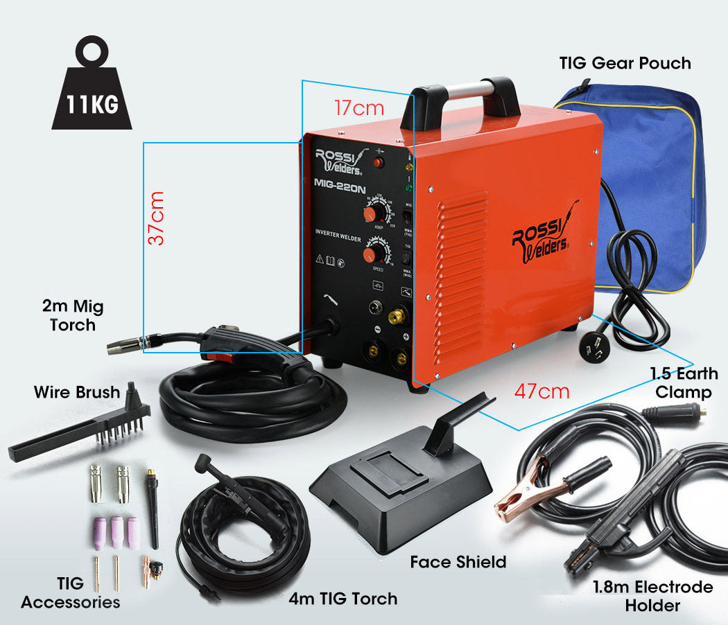 ROSSI 220A MIG Welder Inverter TIG Gasless Portable Welding Machine MMA ARC 15A Plug - SILBERSHELL