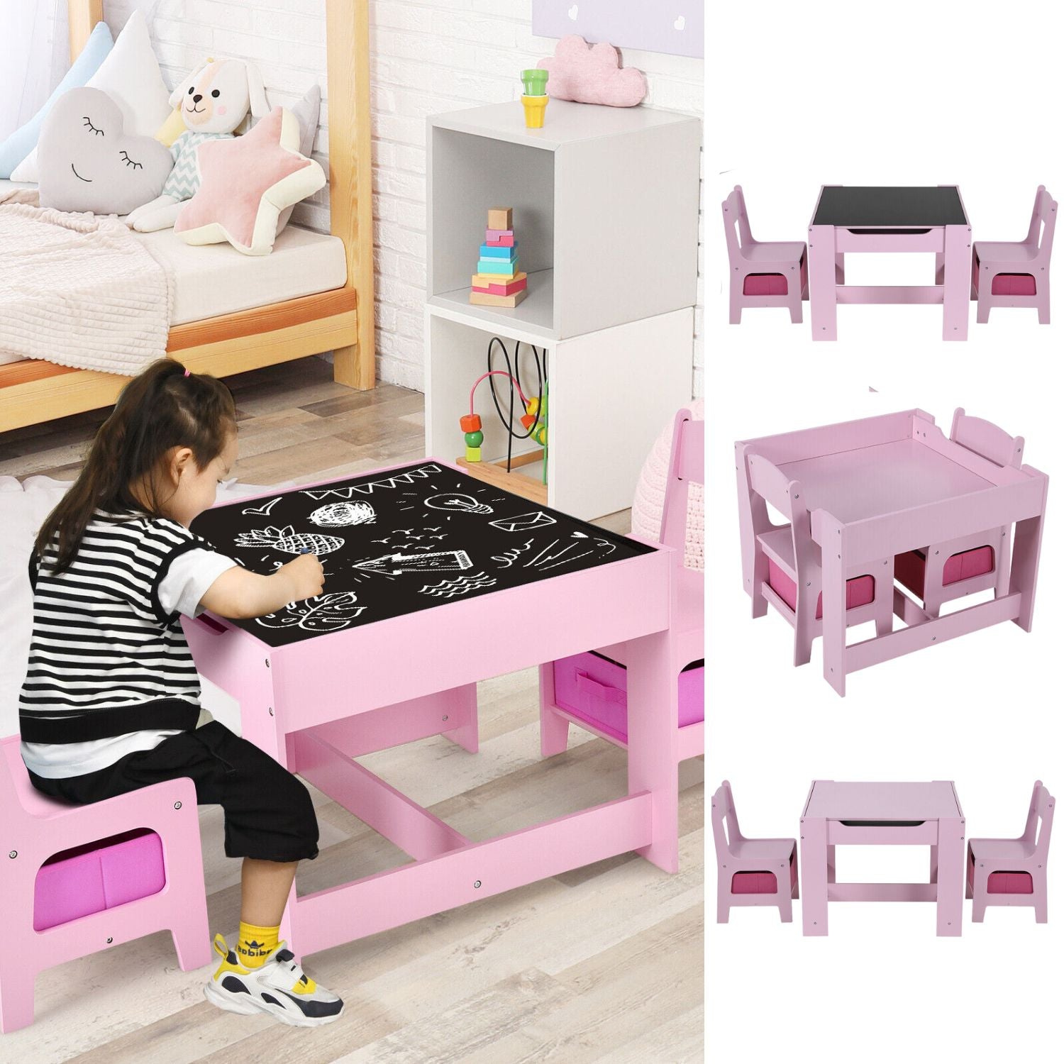 EKKIO 3PCS Kids Table and Chairs Set with Black Chalkboard (Pink) EK-KTCS-101-RHH - SILBERSHELL