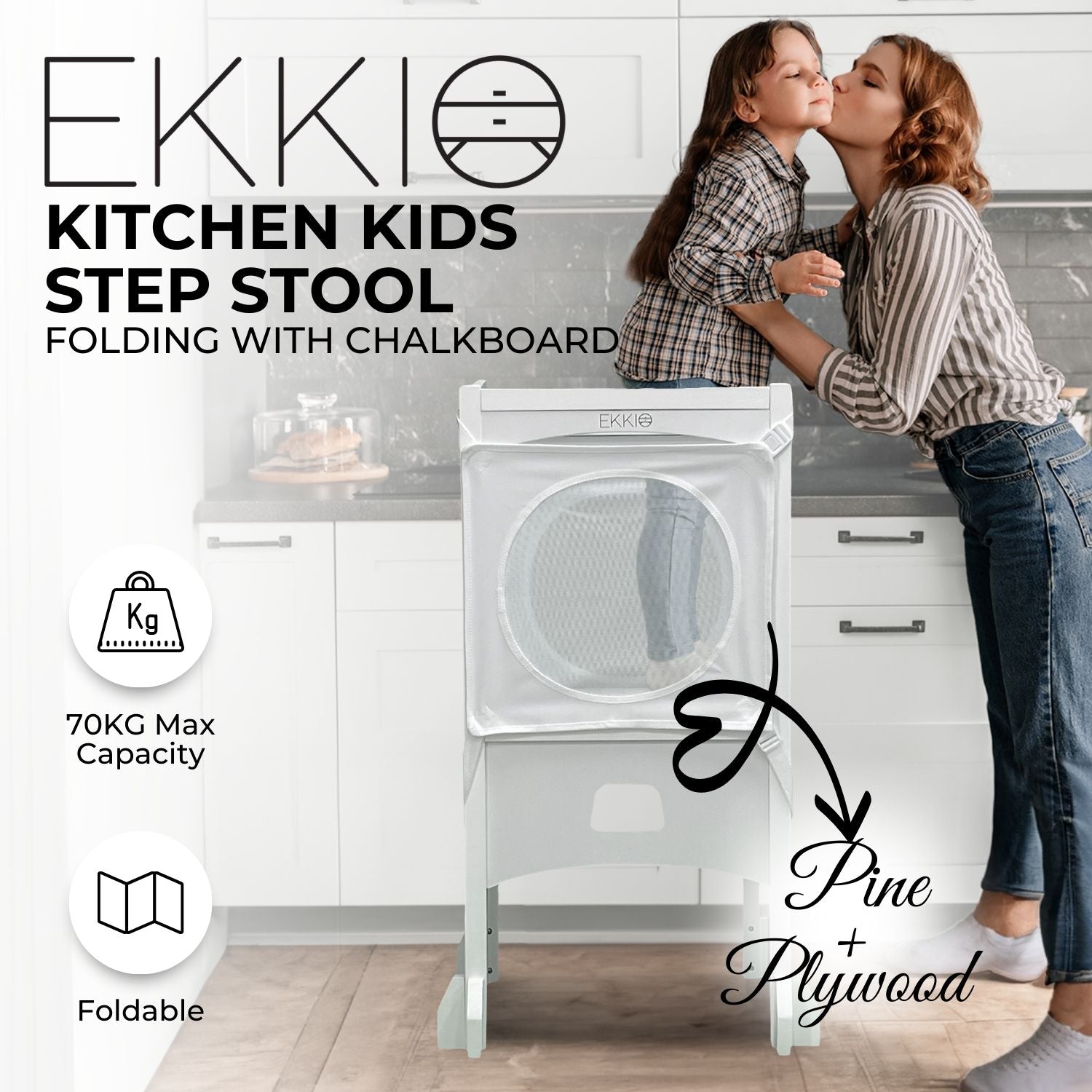 EKKIO Folding Kitchen Kids Step Stool with Chalkboard- Saturn, Moon, Square and Star Shape Design (White) (Without Toy) EK-KSS-102-LFA - SILBERSHELL