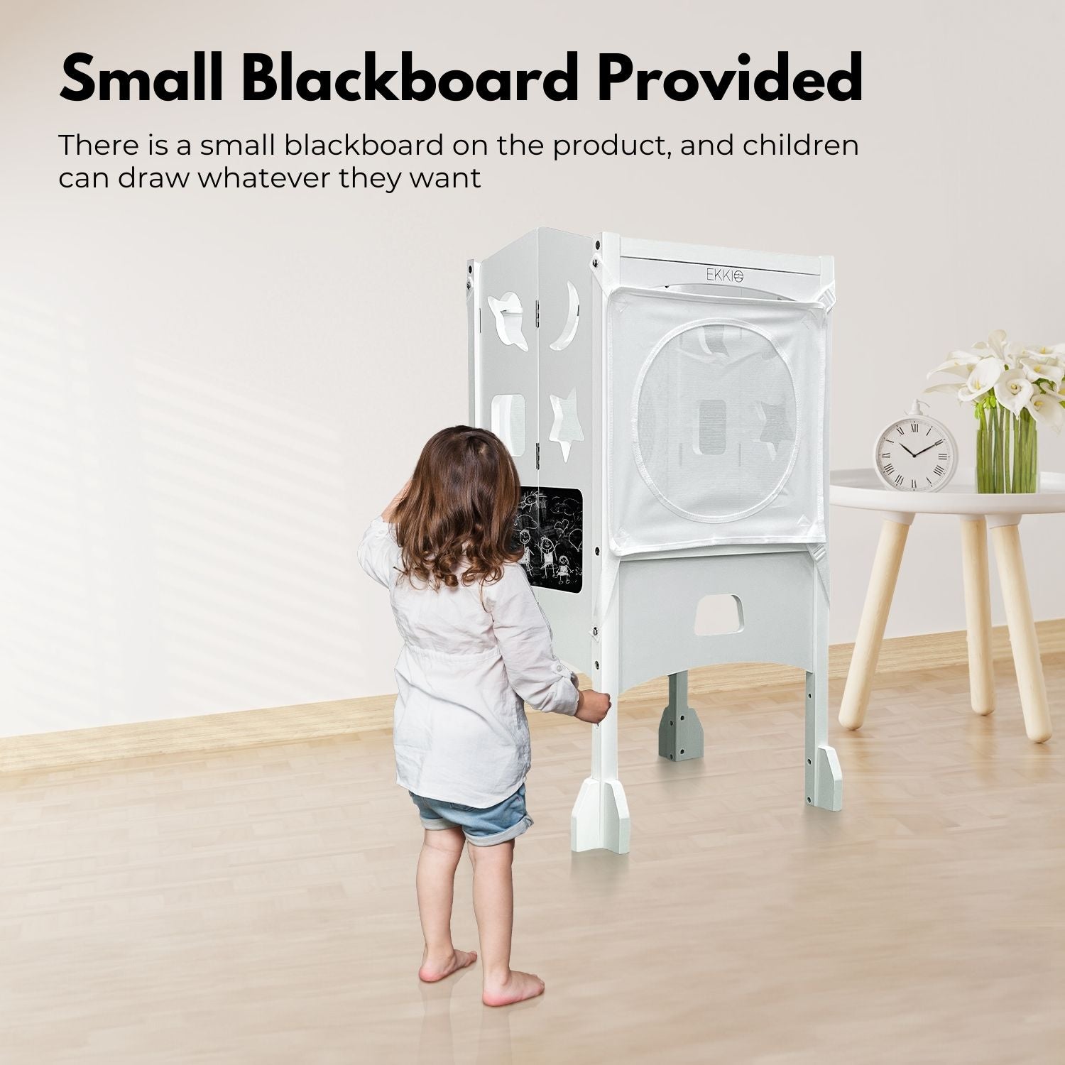 EKKIO Folding Kitchen Kids Step Stool with Chalkboard- Saturn, Moon, Square and Star Shape Design (White) (Without Toy) EK-KSS-102-LFA - SILBERSHELL