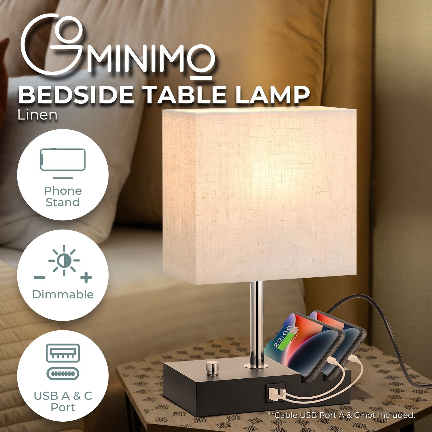 Gominimo Bedside Lamp Vintage 3 Dimmable Light Table Desk with Phone Stand Linen - SILBERSHELL