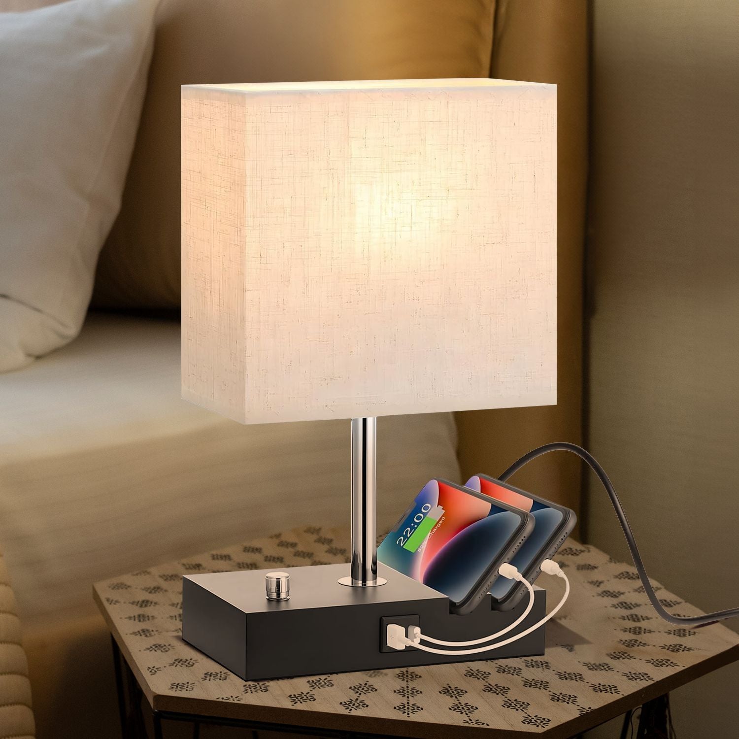 Gominimo Bedside Lamp Vintage 3 Dimmable Light Table Desk with Phone Stand Linen - SILBERSHELL