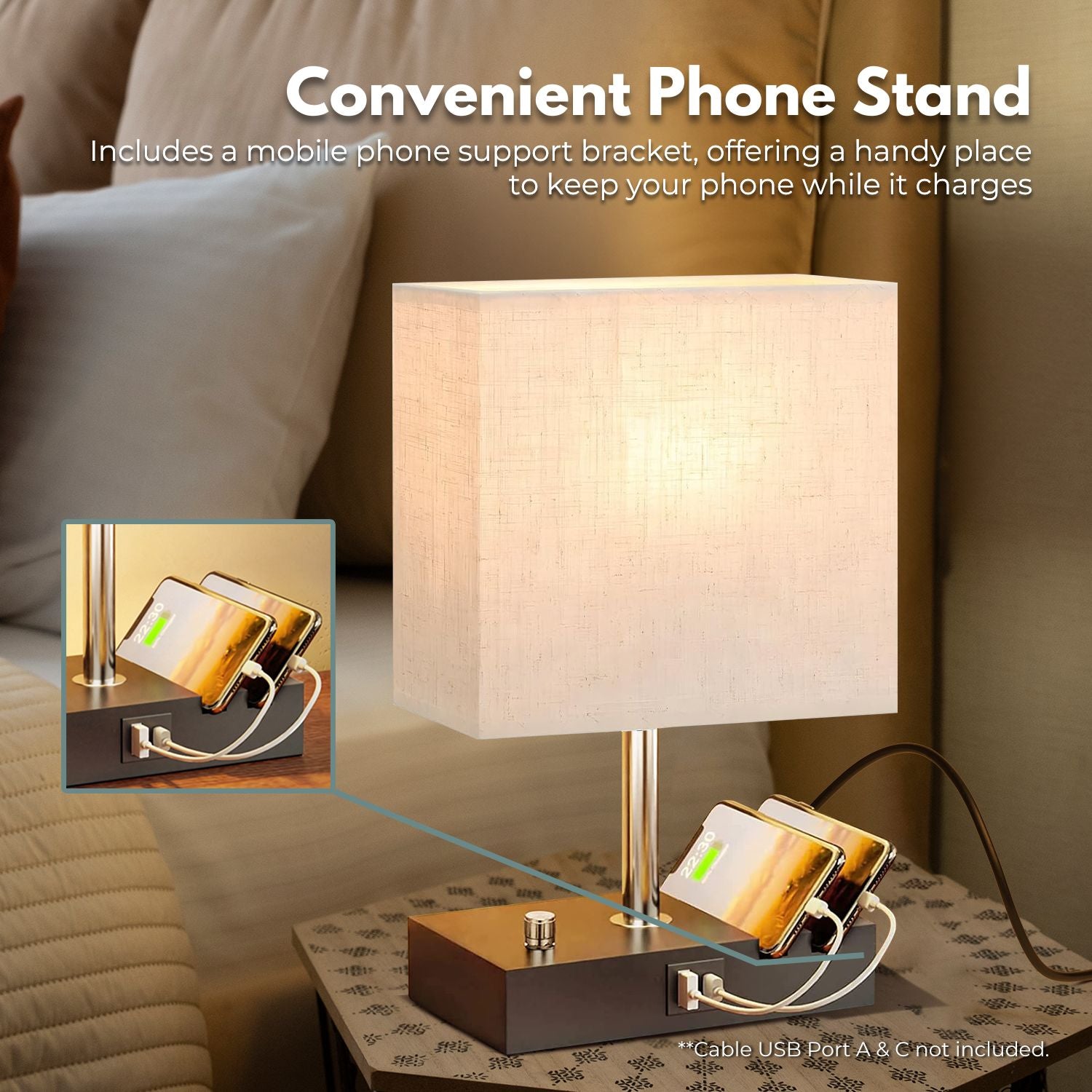 Gominimo Bedside Lamp Vintage 3 Dimmable Light Table Desk with Phone Stand Linen - SILBERSHELL