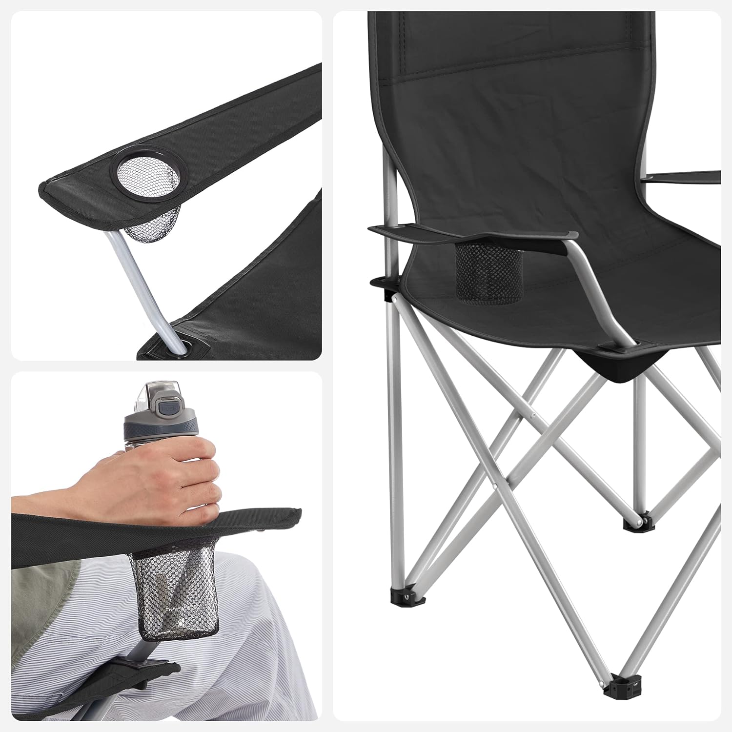 SONGMICS Set of 2 Folding Camping Outdoor Chairs with Armrests and Cup Holders Black GCB01BK - SILBERSHELL