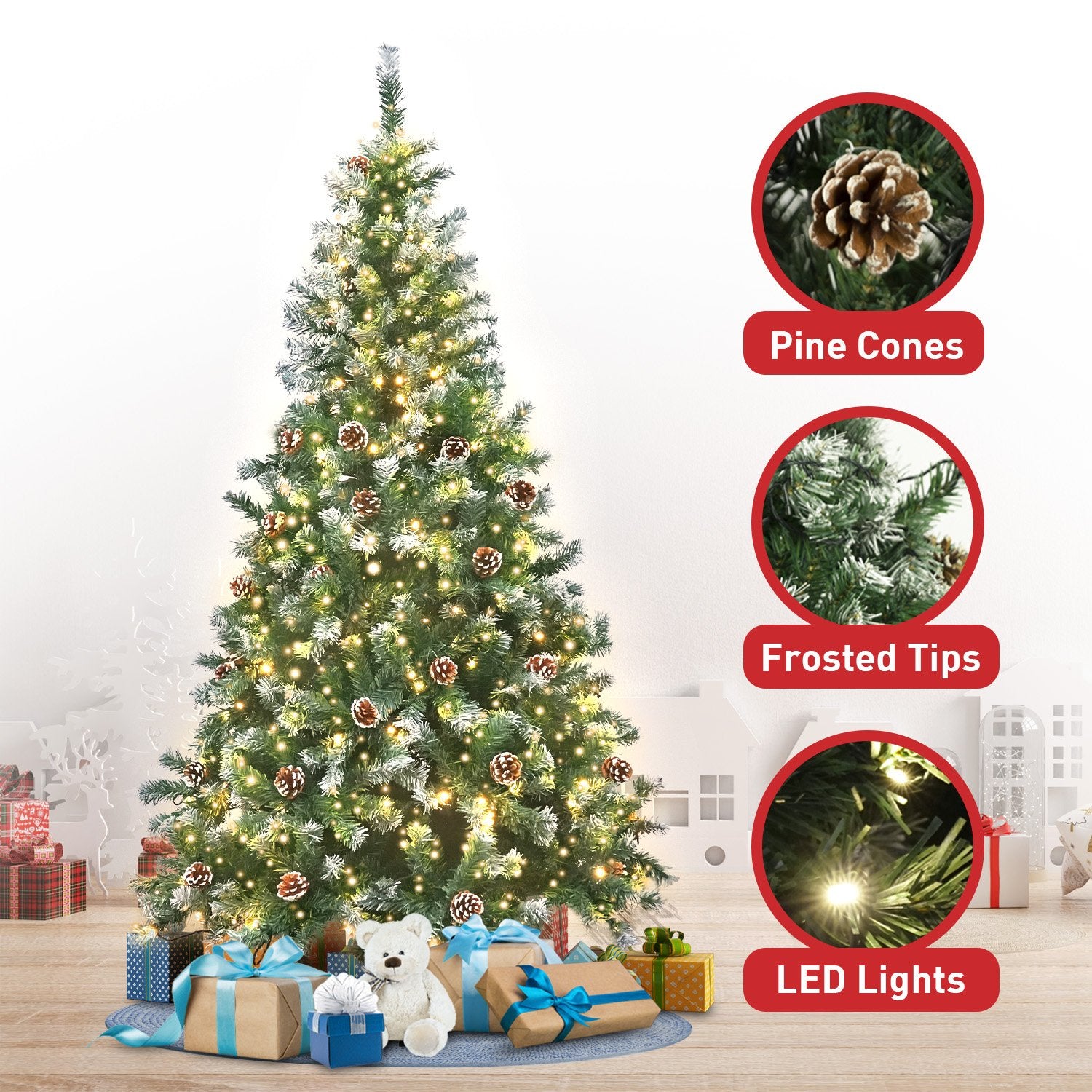 Christabelle 2.7m Pre Lit LED Christmas Tree Decor with Pine Cones Xmas Decorations