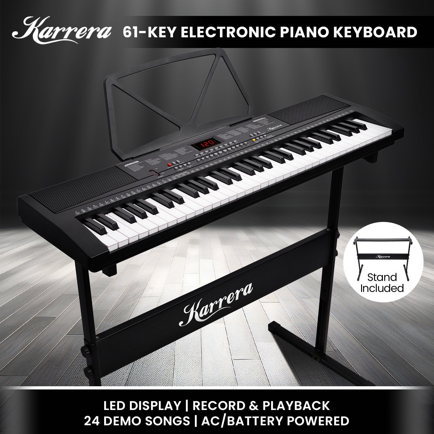 Karrera 61-Key Electronic Piano Keyboard 75cm with Stand - Black - SILBERSHELL