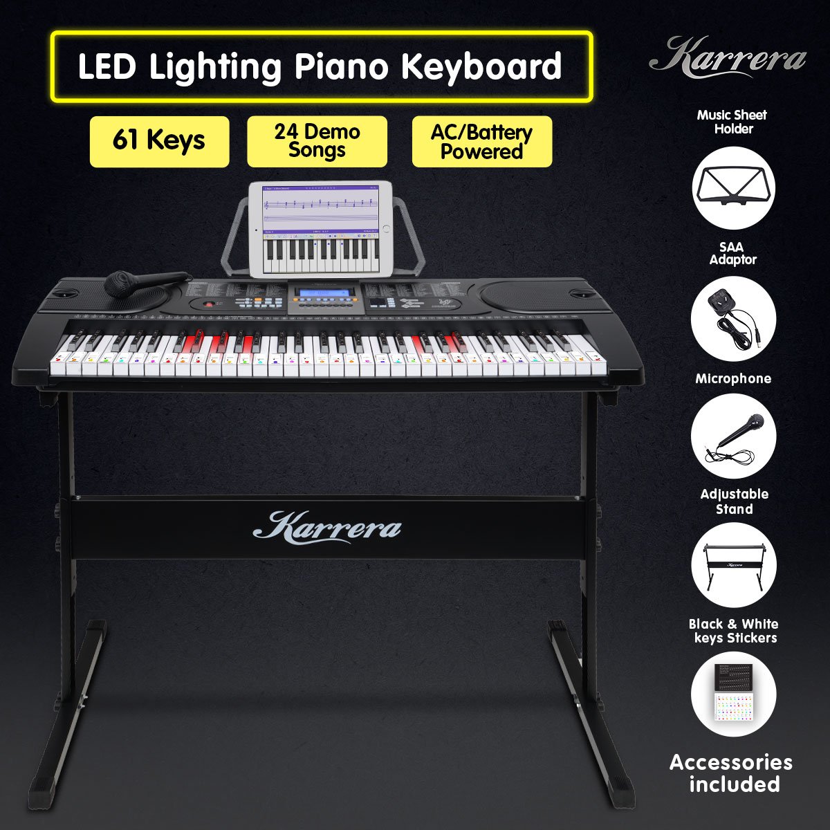 Karrera 61 Keys Electronic LED Keyboard Piano with Stand - Black - SILBERSHELL