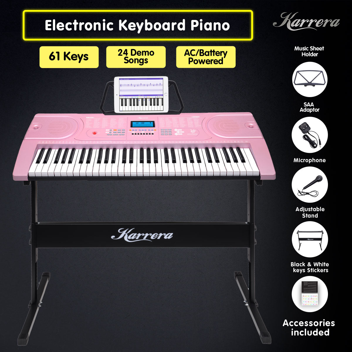 Karrera 61 Keys Electronic Keyboard Piano Music with Stand - Pink - SILBERSHELL