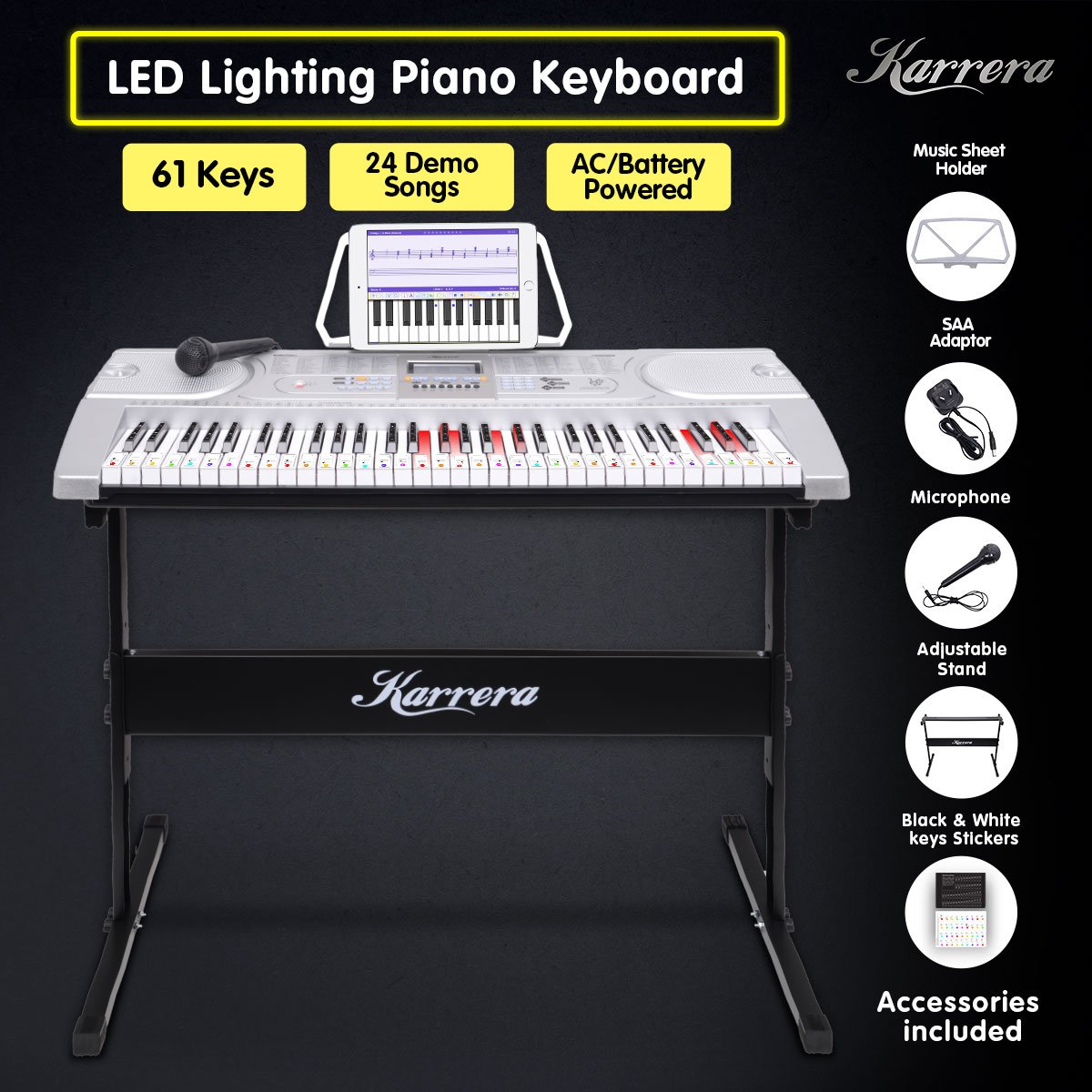 Karrera 61 Keys Electronic LED Keyboard Piano with Stand - Silver - SILBERSHELL