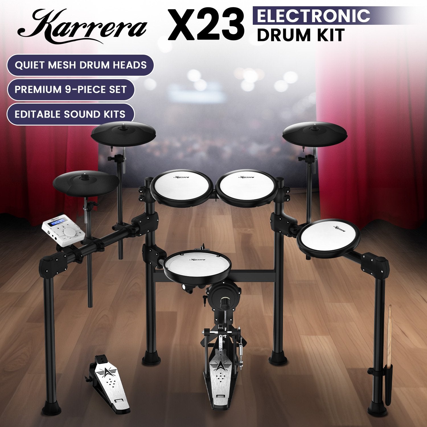 Karrera X23 Electronic Drum Kit With Quiet Mesh Drum Heads, Editable Sound Kits, Kick Pedal And Silicone Kick Drum, Usb Midi And 420 Sound - SILBERSHELL