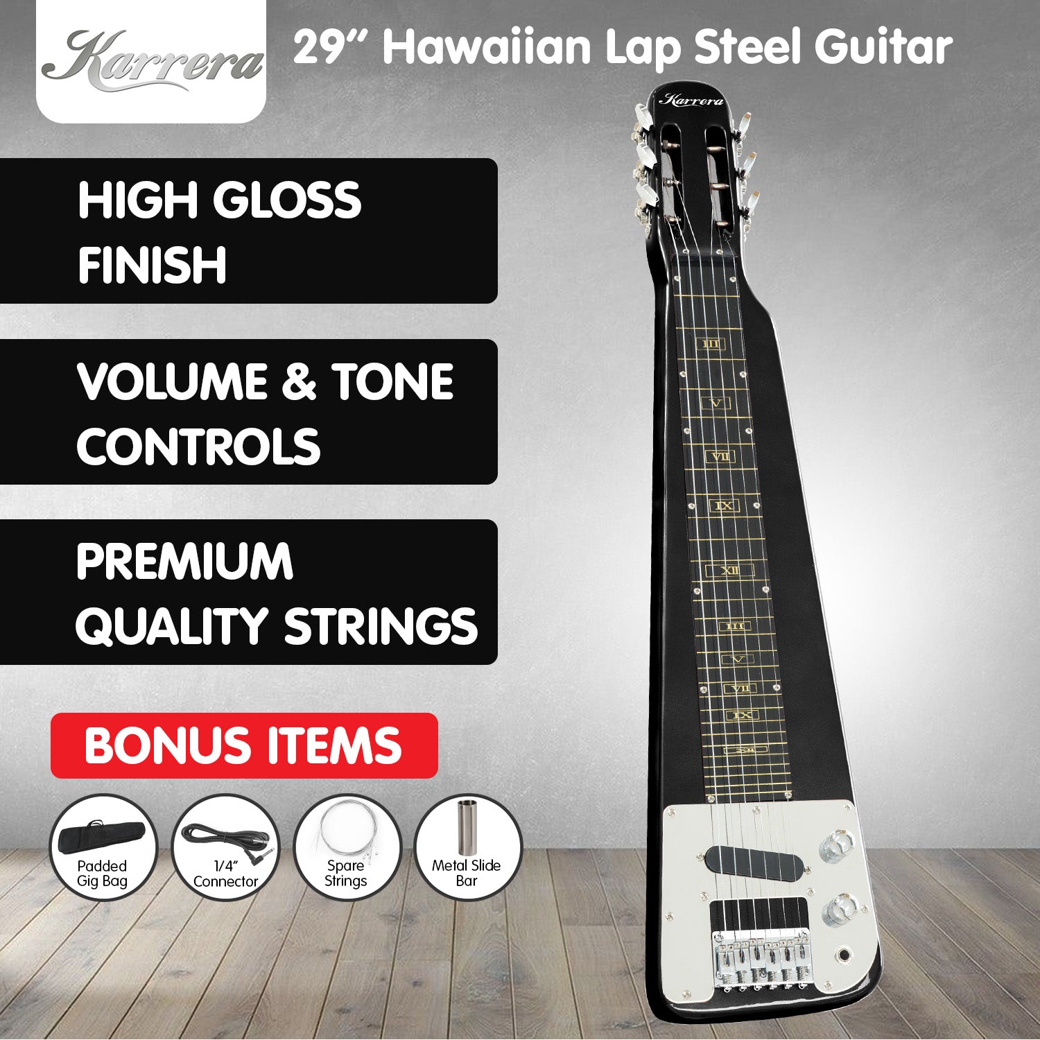Karrera 29in 6-String Lap Steel Hawaiian Guitar - Black - SILBERSHELL