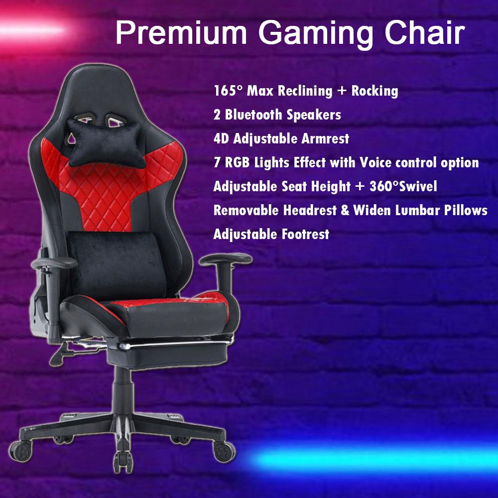 7 RGB Lights Bluetooth Speaker Gaming Chair Ergonomic Racing chair 165° Reclining Gaming Seat 4D Armrest Footrest Black