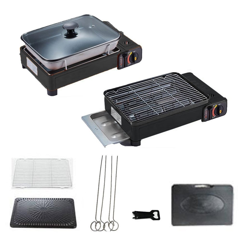 Portable Gas Stove Burner Butane BBQ Camping Gas Cooker With Non Stick Plate Black with Fish Pan and Lid - SILBERSHELL