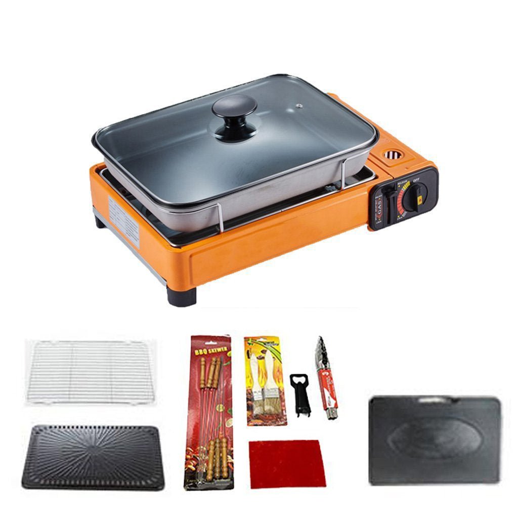 Portable Gas Stove Burner Butane BBQ Camping Gas Cooker With Non Stick Plate Orange with Fish Pan and Lid - SILBERSHELL