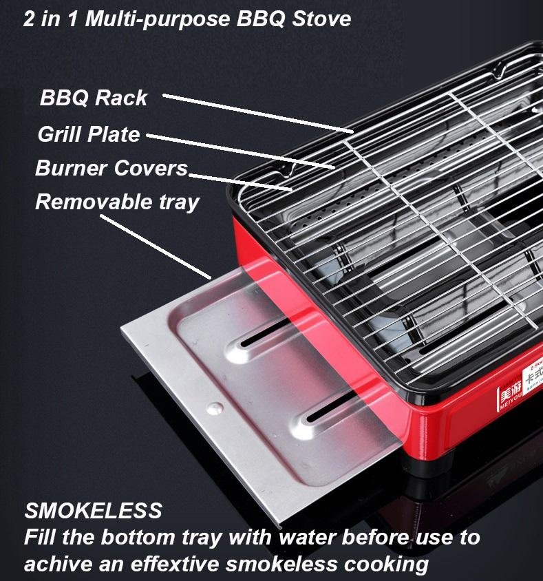Portable Gas Stove Burner Butane BBQ Camping Gas Cooker With Non Stick Plate Red with Fish Pan and Lid - SILBERSHELL