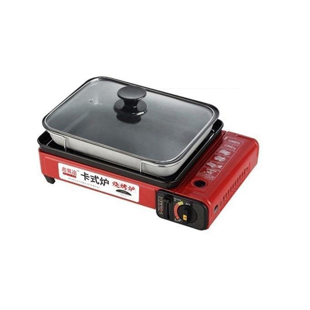 Portable Gas Stove Burner Butane BBQ Camping Gas Cooker With Non Stick Plate Red with Fish Pan and Lid - SILBERSHELL