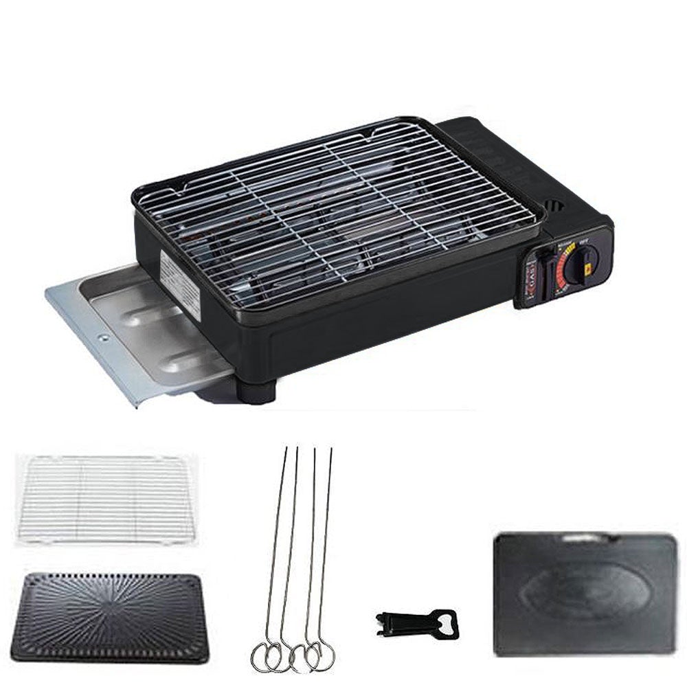 Portable Gas Stove Burner Butane BBQ Camping Gas Cooker With Non Stick Plate Black without Fish Pan and Lid - SILBERSHELL