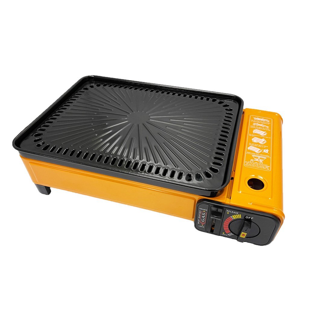 Portable Gas Stove Burner Butane BBQ Camping Gas Cooker With Non Stick Plate Orange without Fish Pan and Lid - SILBERSHELL