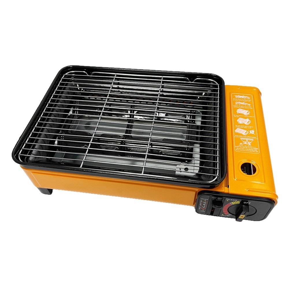 Portable Gas Stove Burner Butane BBQ Camping Gas Cooker With Non Stick Plate Orange without Fish Pan and Lid - SILBERSHELL