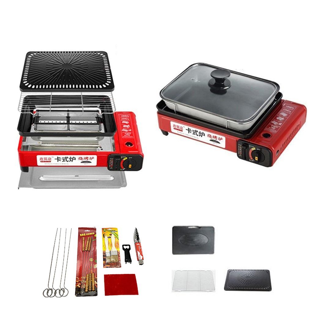 Portable Gas Stove Burner Butane BBQ Camping Gas Cooker With Non Stick Plate Red without Fish Pan and Lid - SILBERSHELL
