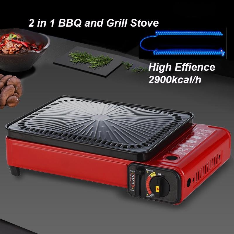 Portable Gas Stove Burner Butane BBQ Camping Gas Cooker With Non Stick Plate Red without Fish Pan and Lid - SILBERSHELL