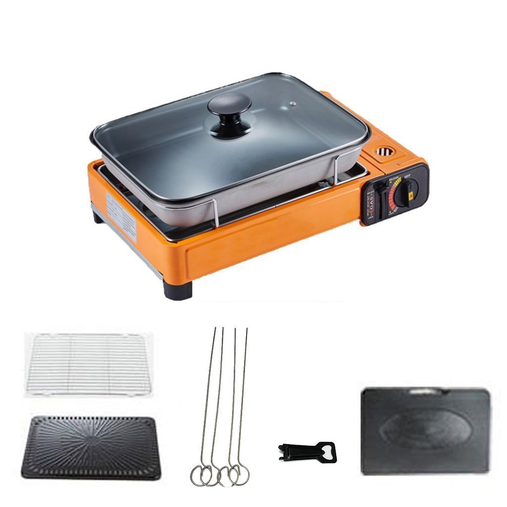 Portable Gas Stove Burner Butane BBQ Camping Gas Cooker With Non Stick Plate Orange - SILBERSHELL
