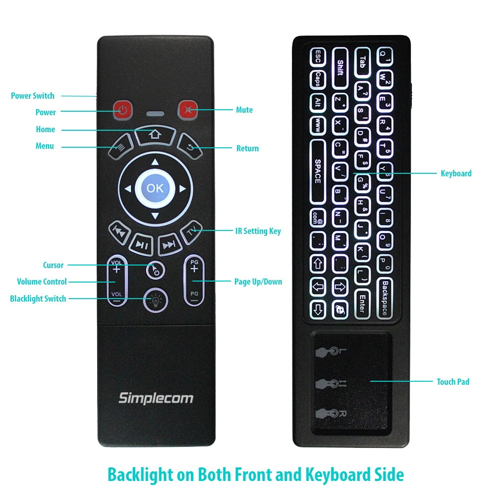 Simplecom RT250 Rechargeable 2.4GHz Wireless Remote Air Mouse Keyboard with Touch Pad and Backlight - SILBERSHELL