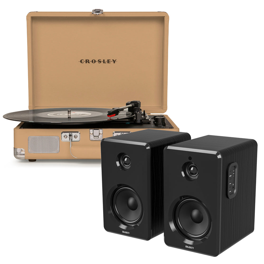 Crosley Cruiser Bluetooth Portable Turntable - Light Tan + Bundled Majority D40 Bluetooth Speakers - Black - SILBERSHELL