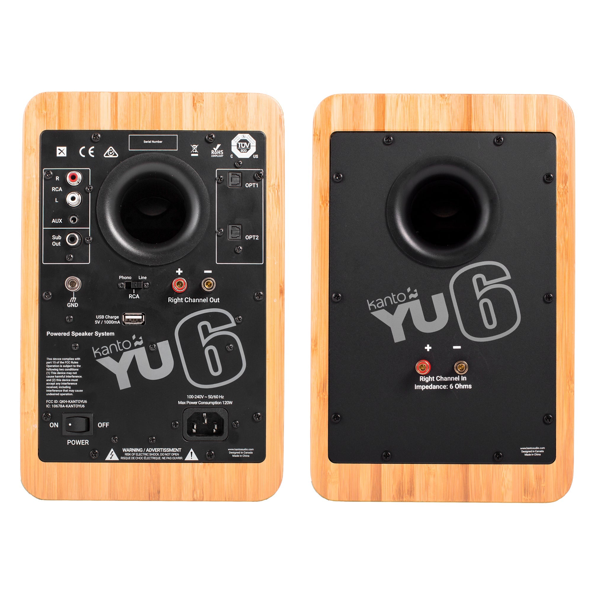 Kanto YU6 200W Powered Bookshelf Speakers with Bluetooth and Phono Preamp - Pair, Bamboo