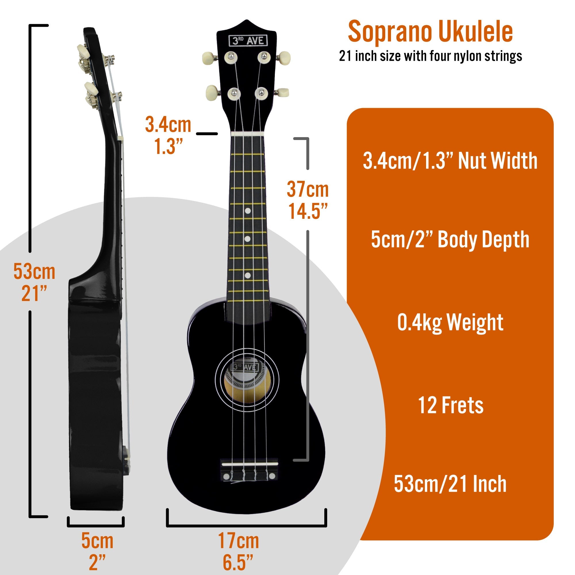 3rd Avenue Soprano Ukulele - Black - SILBERSHELL