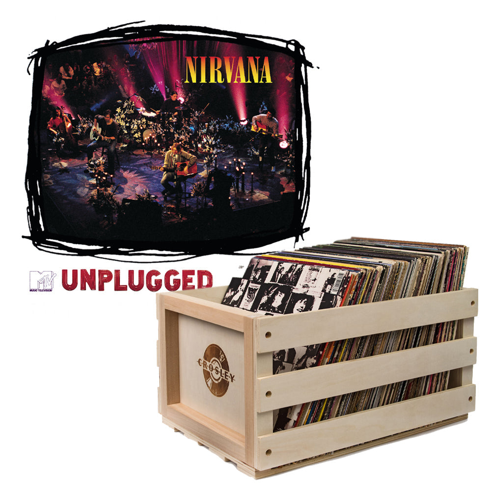 Crosley Record Storage Crate & Nirvana MTV Unplugged Vinyl Album Bundle