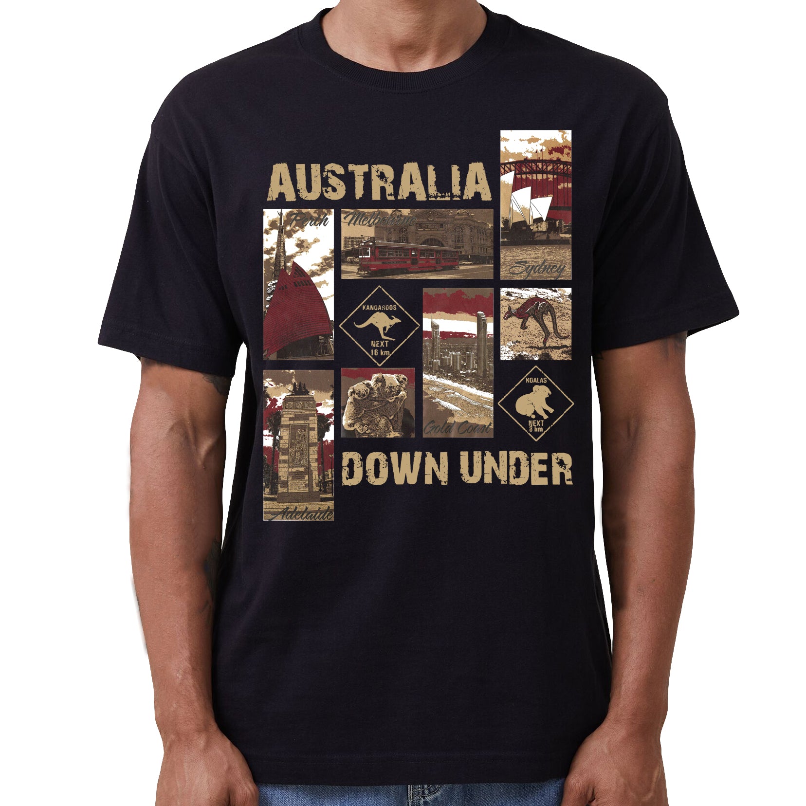 100% Cotton Australia Down Under Souvenir T-Shirt Unisex Adult Iconic Tee Top, Black, XL