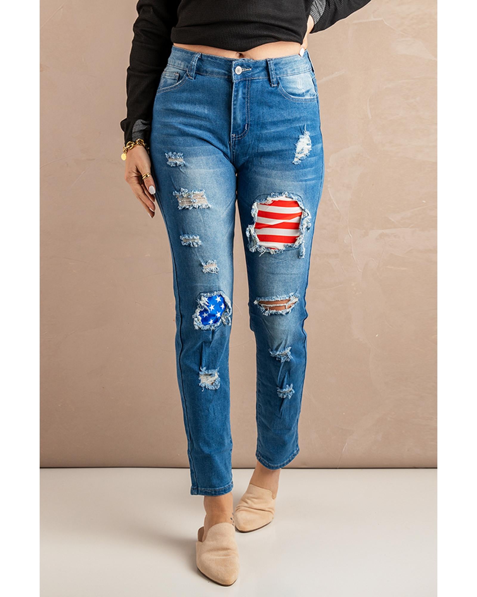 Azura Exchange Stripes and Stars Patches Ripped Jeans - XL