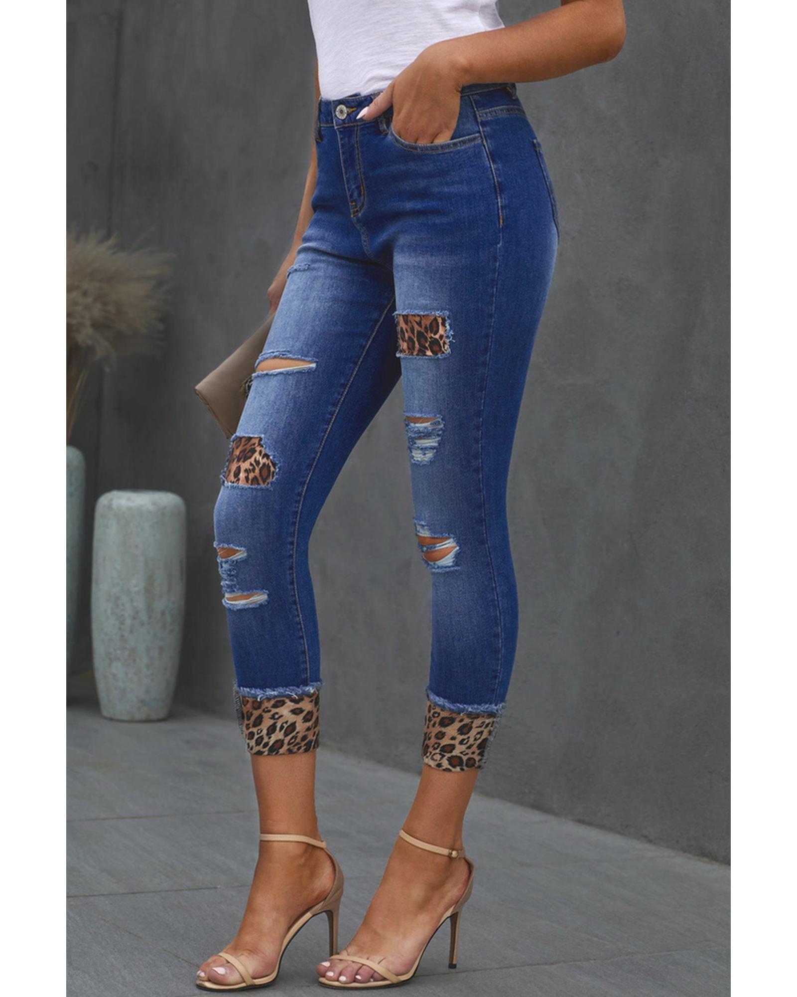 Azura Exchange Leopard Patches Distressed Skinny Jeans - S