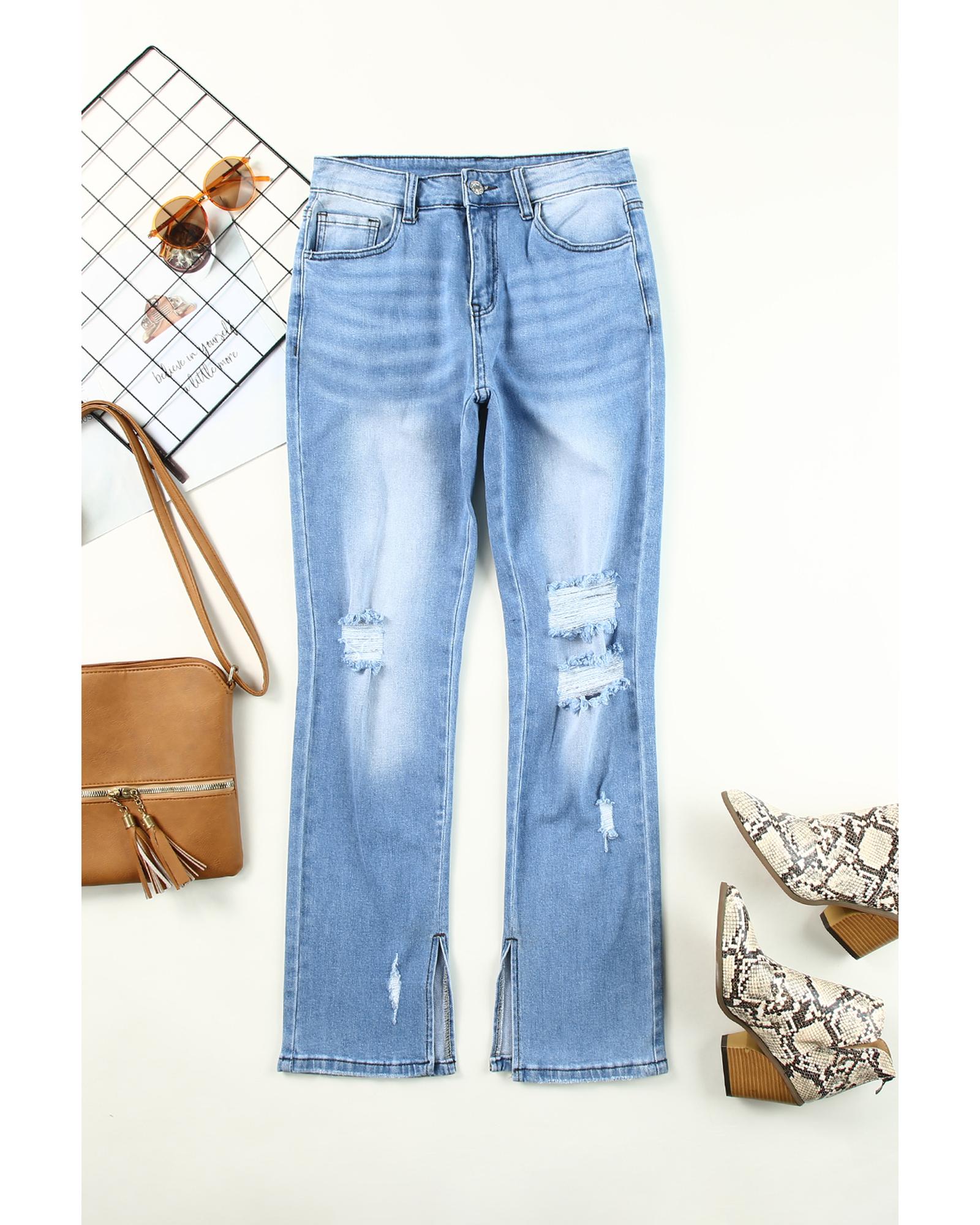 Azura Exchange Ripped High Waist Straight Leg Jeans with Side Splits - 10 US