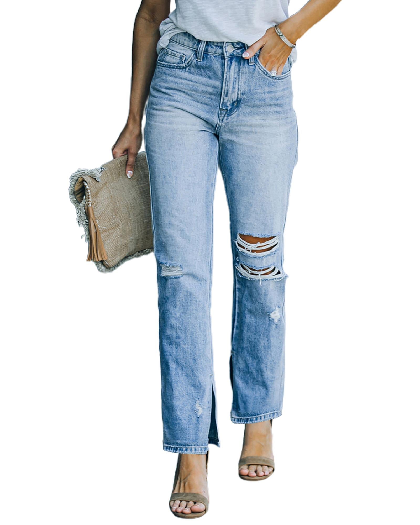 Azura Exchange Ripped High Waist Straight Leg Jeans with Side Splits - 4 US