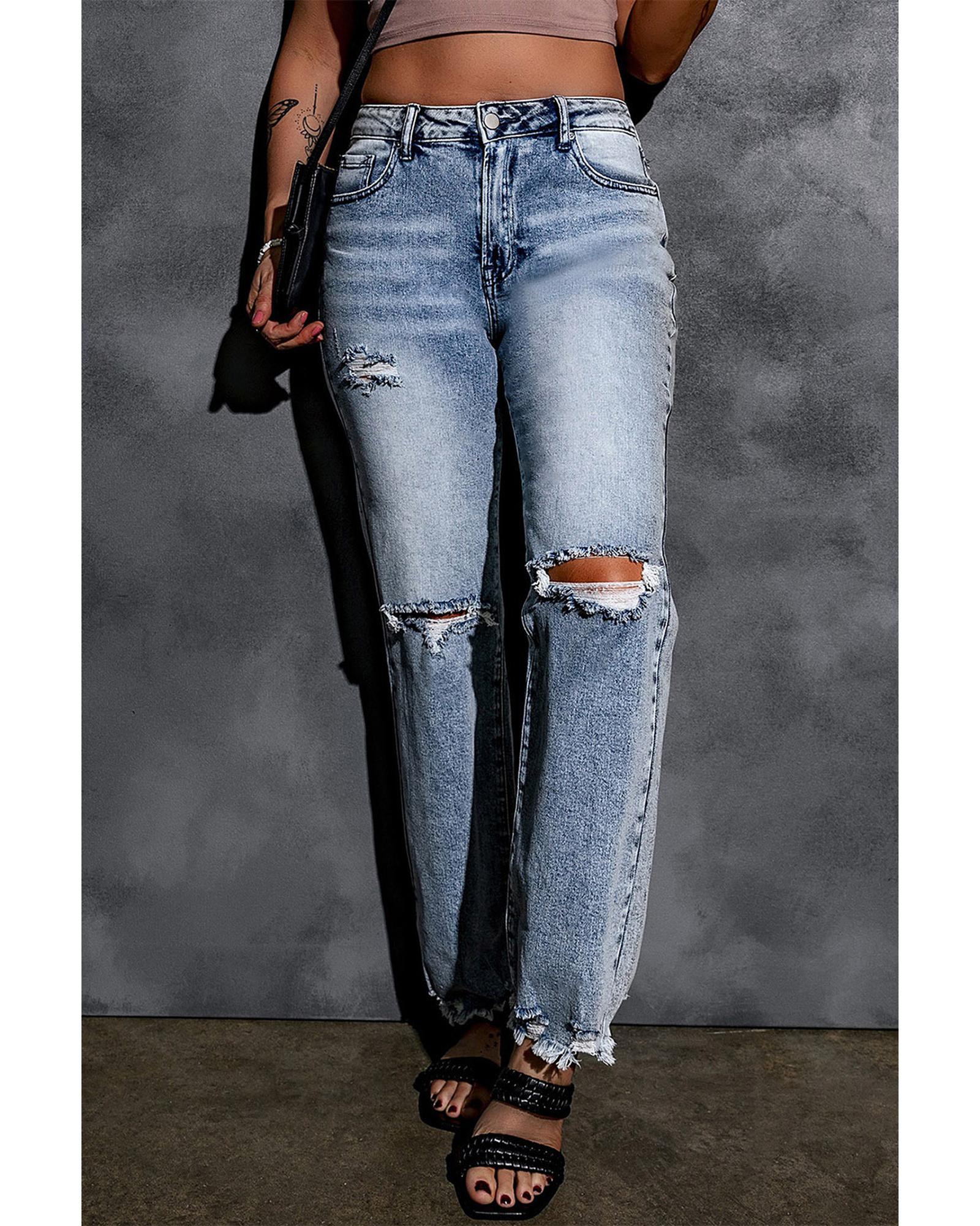 Azura Exchange Wide Leg High Waist Jeans with Ripped Details - 10 US